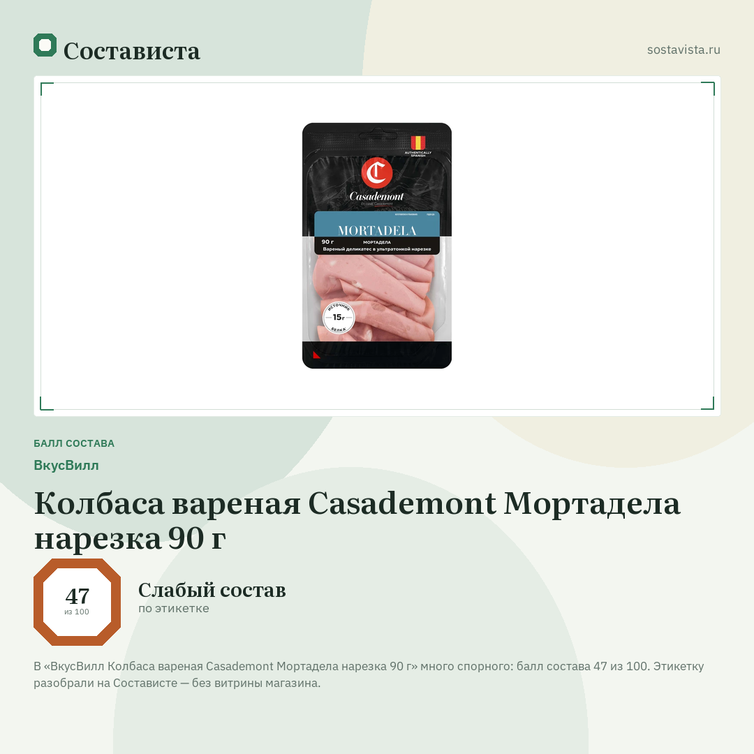 ВкусВилл Колбаса вареная Casademont Мортадела нарезка 90 г: балл состава 47 из 100 — Состависта