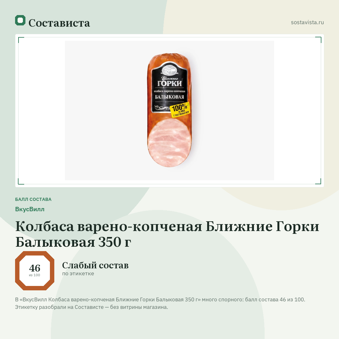 ВкусВилл Колбаса варено-копченая Ближние Горки Балыковая 350 г: балл состава 46 из 100 — Состависта