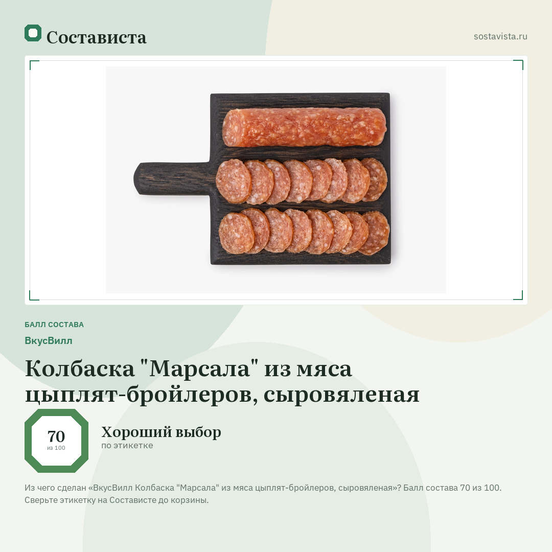 ВкусВилл Колбаска "Марсала" из мяса цыплят-бройлеров, сыровяленая: балл состава 70 из 100 — Состависта