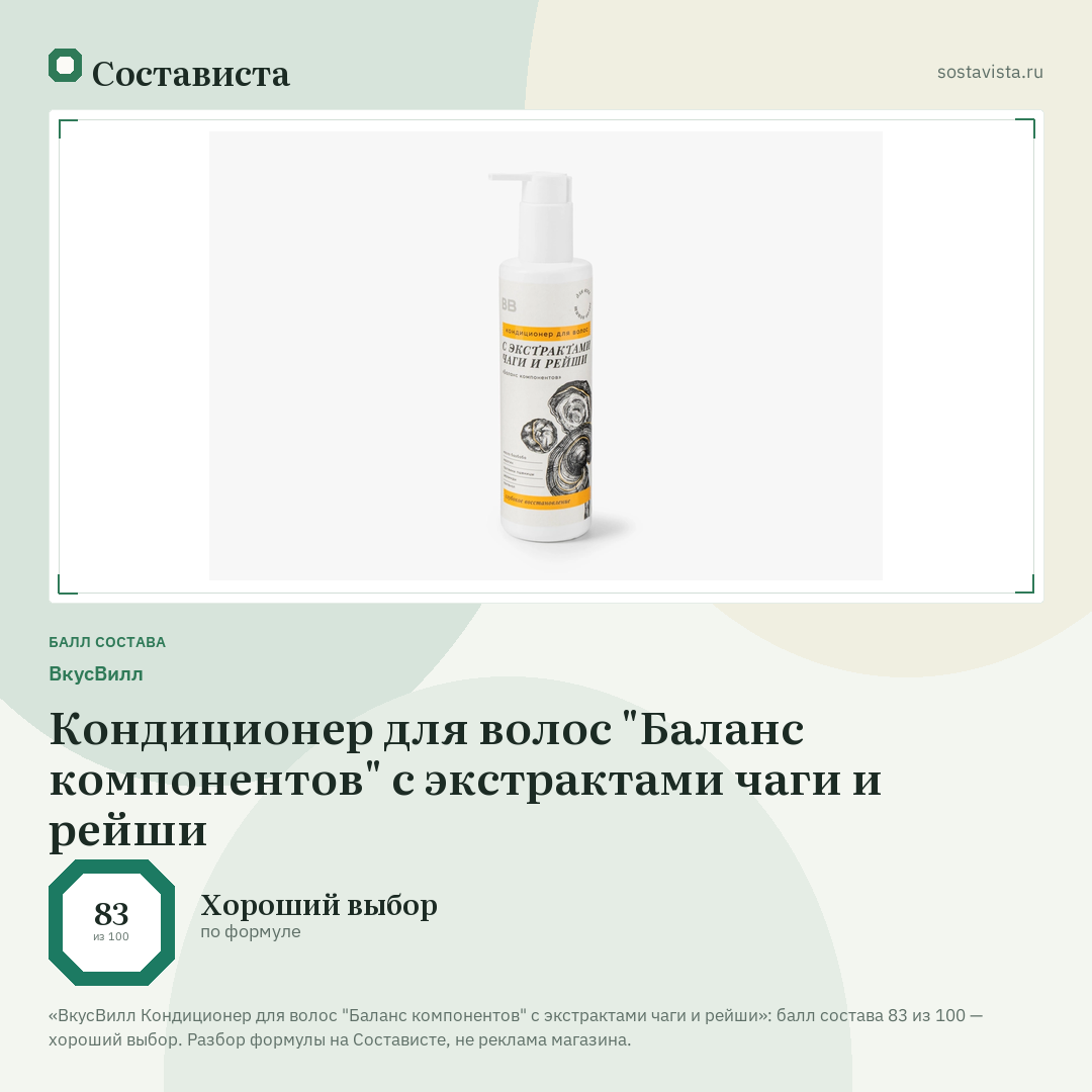 ВкусВилл Кондиционер для волос "Баланс компонентов" с экстрактами чаги и рейши: балл состава 83 из 100 — Состависта