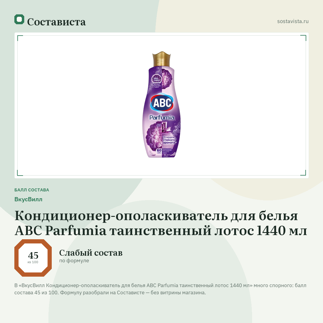 ВкусВилл Кондиционер-ополаскиватель для белья ABC Parfumia таинственный лотос 1440 мл: балл состава 45 из 100 — Состависта