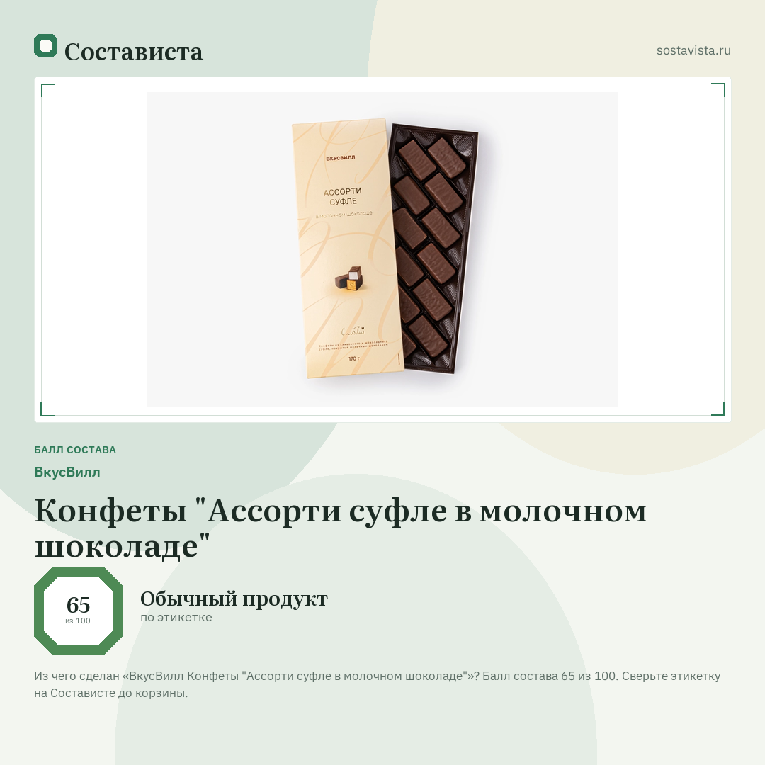ВкусВилл Конфеты "Ассорти суфле в молочном шоколаде": балл состава 65 из 100 — Состависта