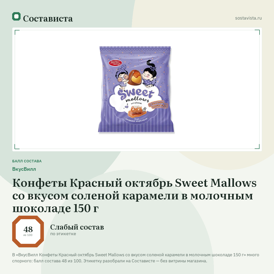ВкусВилл Конфеты Красный октябрь Sweet Mallows со вкусом соленой карамели в молочным шоколаде 150 г: балл состава 48 из 100 — Состависта
