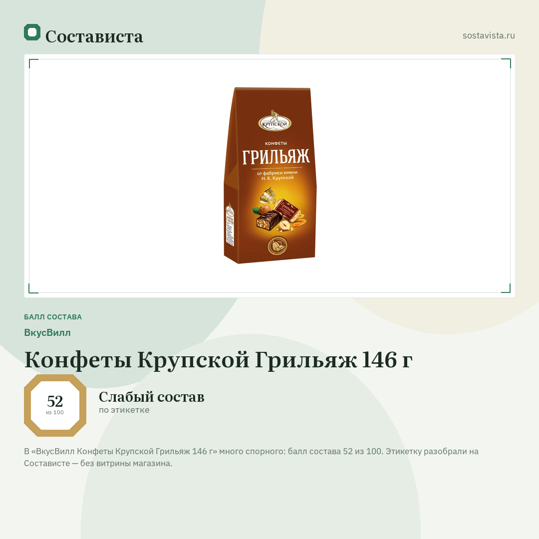 ВкусВилл Конфеты Крупской Грильяж 146 г: балл состава 52 из 100 — Состависта