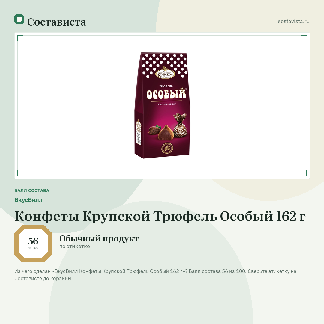 ВкусВилл Конфеты Крупской Трюфель Особый 162 г: балл состава 56 из 100 — Состависта