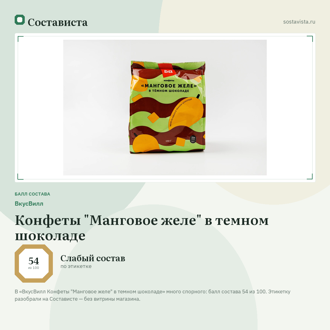 ВкусВилл Конфеты "Манговое желе" в темном шоколаде: балл состава 54 из 100 — Состависта
