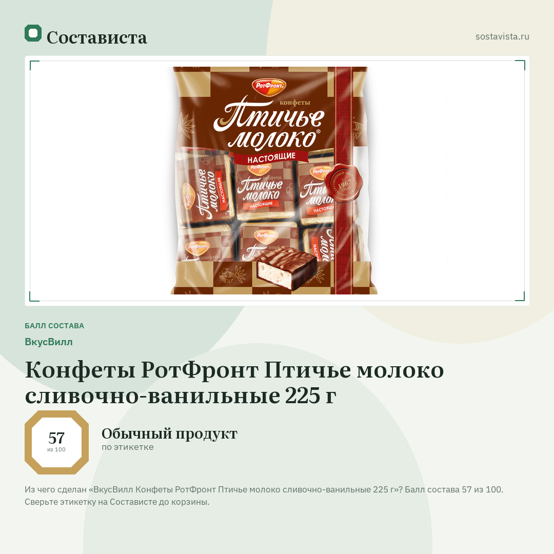 ВкусВилл Конфеты РотФронт Птичье молоко сливочно-ванильные 225 г: балл состава 57 из 100 — Состависта