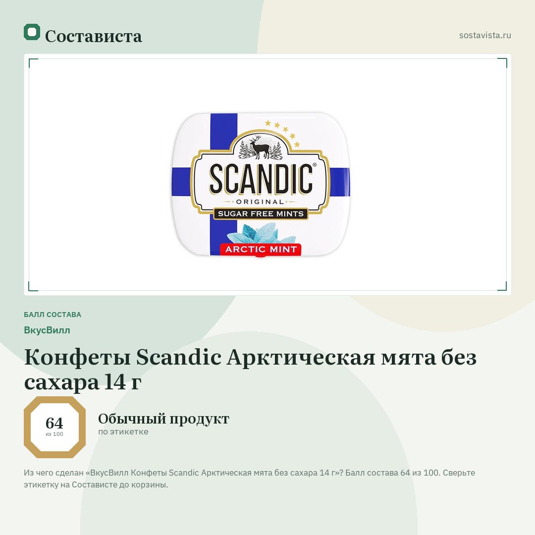 ВкусВилл Конфеты Scandic Арктическая мята без сахара 14 г: балл состава 64 из 100 — Состависта