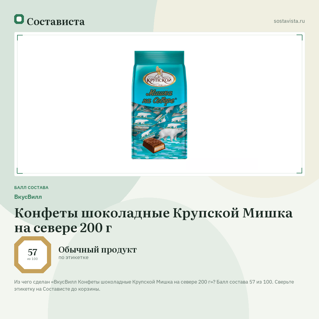ВкусВилл Конфеты шоколадные Крупской Мишка на севере 200 г: балл состава 57 из 100 — Состависта