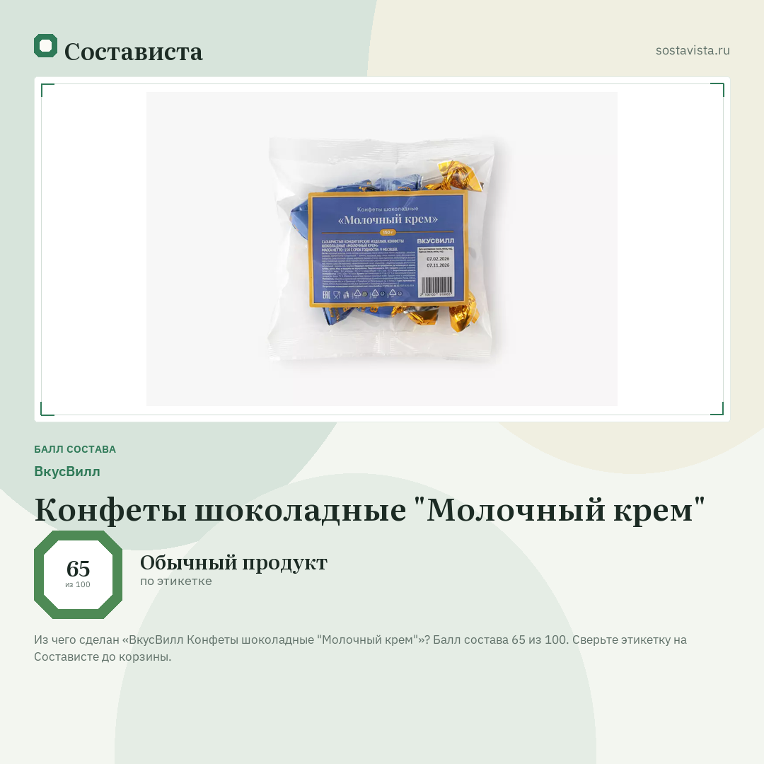 ВкусВилл Конфеты шоколадные "Молочный крем": балл состава 65 из 100 — Состависта