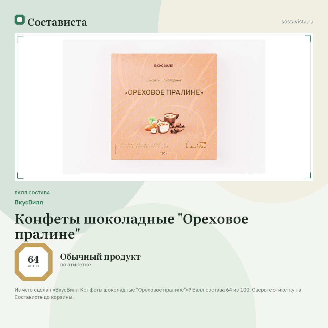 ВкусВилл Конфеты шоколадные "Ореховое пралине": балл состава 64 из 100 — Состависта