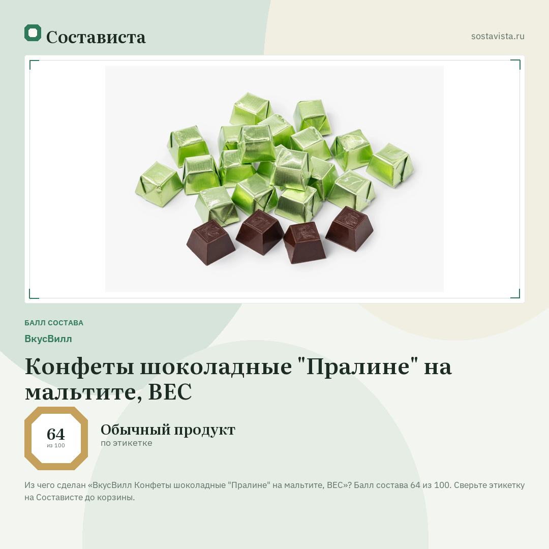 ВкусВилл Конфеты шоколадные "Пралине" на мальтите, ВЕС: балл состава 64 из 100 — Состависта