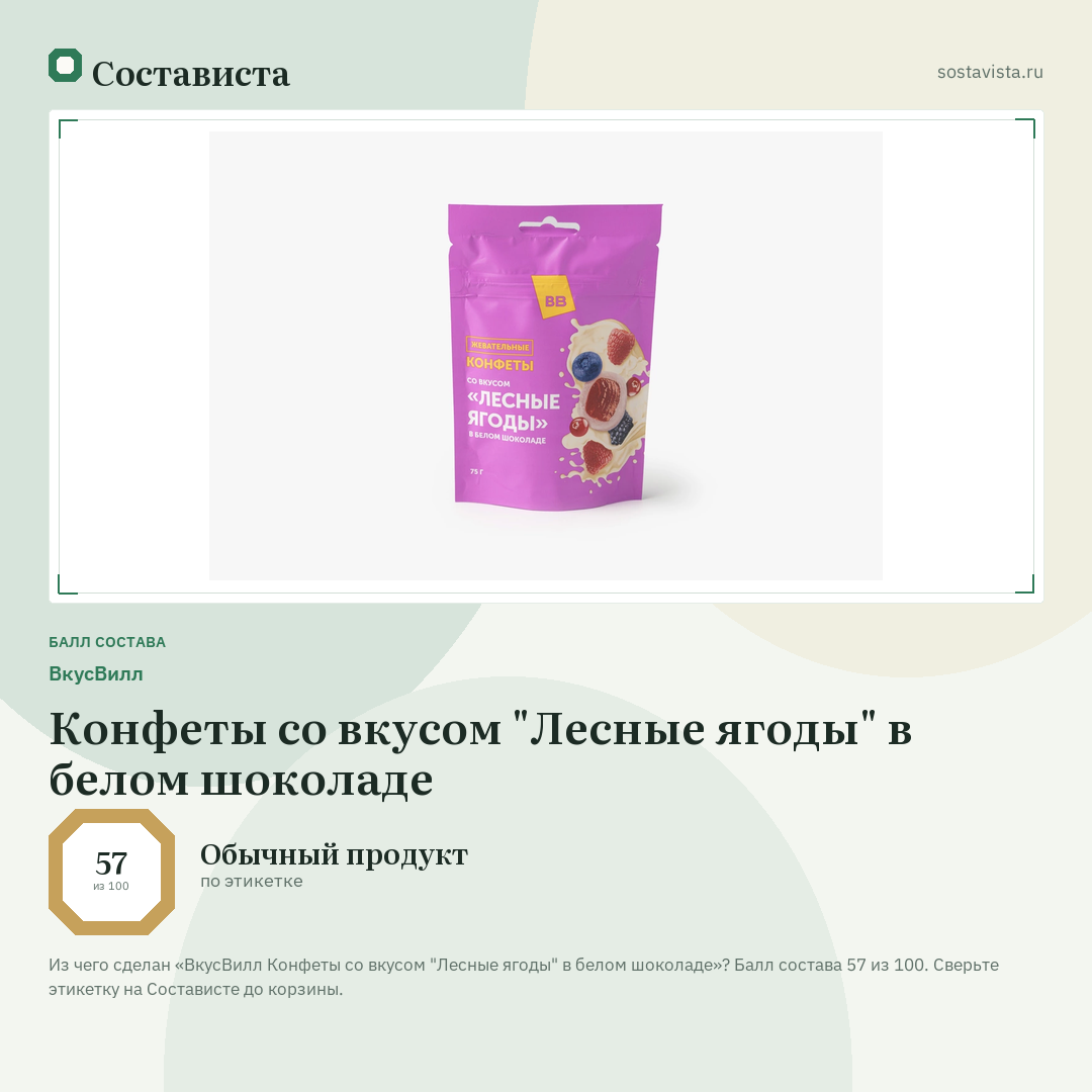 ВкусВилл Конфеты со вкусом "Лесные ягоды" в белом шоколаде: балл состава 57 из 100 — Состависта