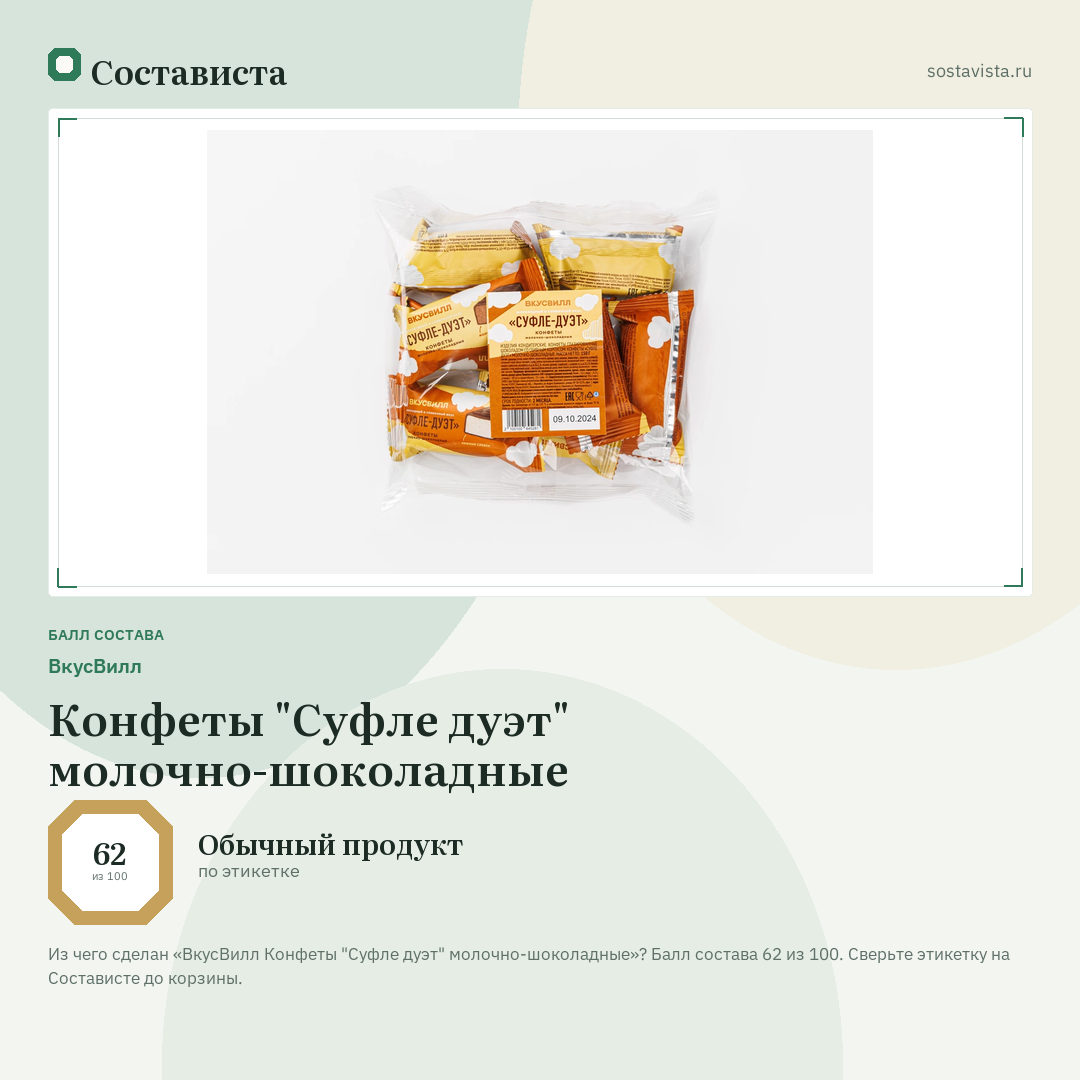 ВкусВилл Конфеты "Суфле дуэт" молочно-шоколадные: балл состава 62 из 100 — Состависта