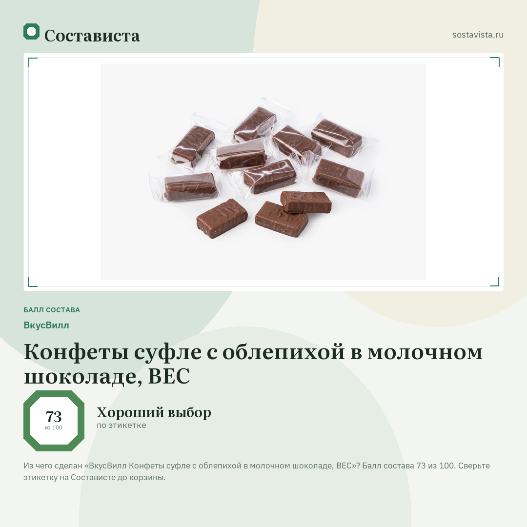 ВкусВилл Конфеты суфле с облепихой в молочном шоколаде, ВЕС: балл состава 73 из 100 — Состависта