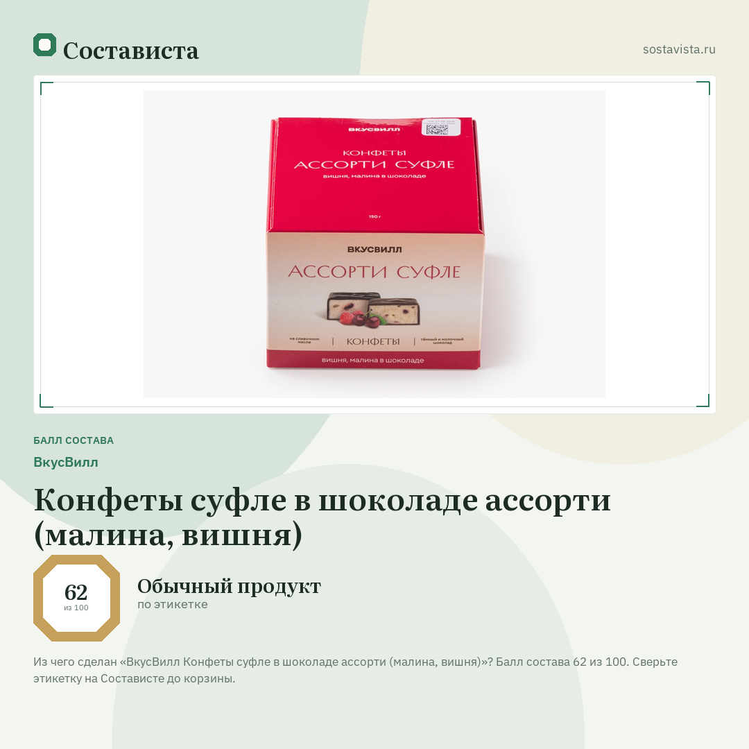 ВкусВилл Конфеты суфле в шоколаде ассорти (малина, вишня): балл состава 62 из 100 — Состависта