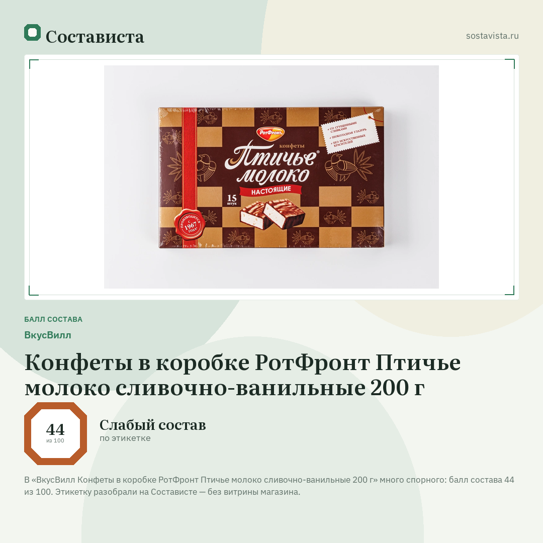 ВкусВилл Конфеты в коробке РотФронт Птичье молоко сливочно-ванильные 200 г: балл состава 44 из 100 — Состависта