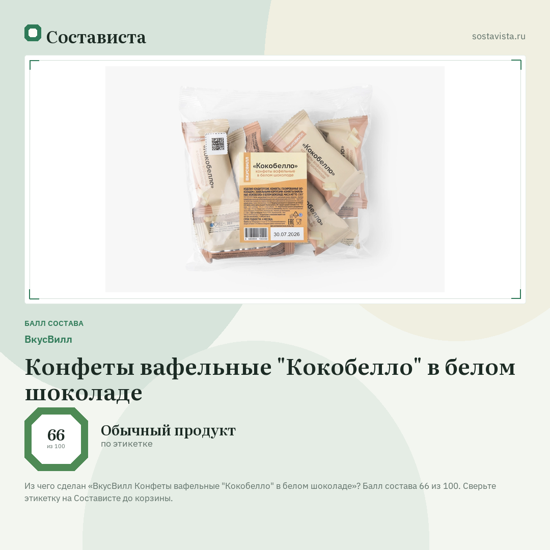 ВкусВилл Конфеты вафельные "Кокобелло" в белом шоколаде: балл состава 66 из 100 — Состависта