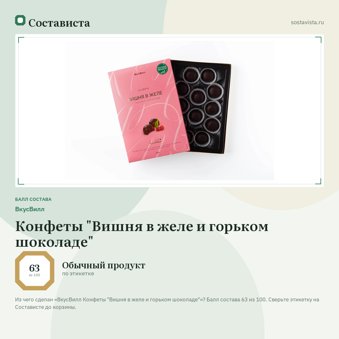ВкусВилл Конфеты "Вишня в желе и горьком шоколаде": балл состава 63 из 100 — Состависта