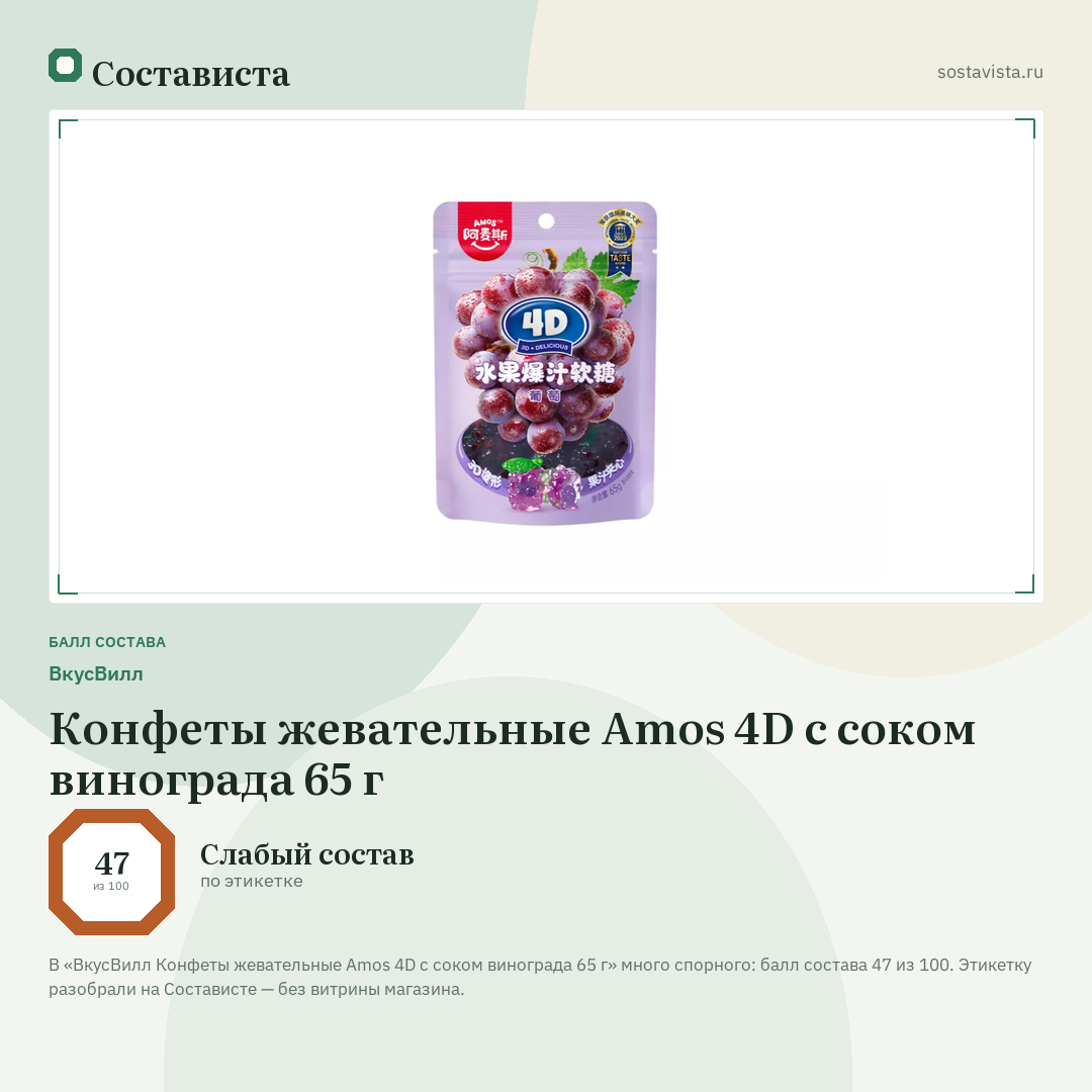 ВкусВилл Конфеты жевательные Amos 4D с соком винограда 65 г: балл состава 47 из 100 — Состависта
