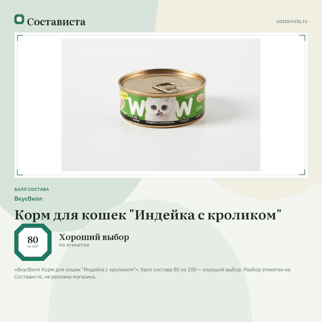 ВкусВилл Корм для кошек "Индейка с кроликом": балл состава 80 из 100 — Состависта