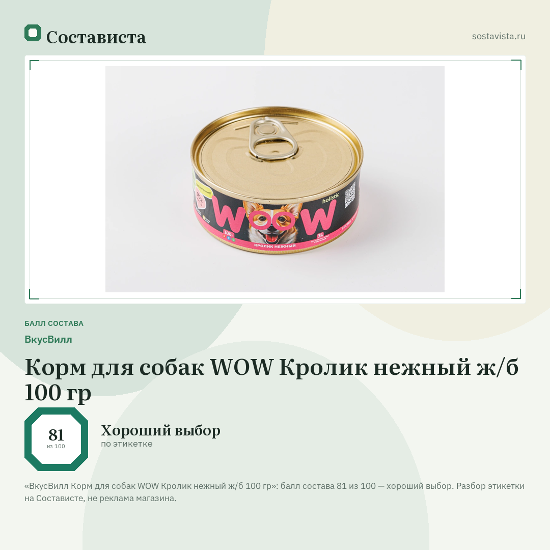 ВкусВилл Корм для собак WOW Кролик нежный ж/б 100 гр: балл состава 81 из 100 — Состависта