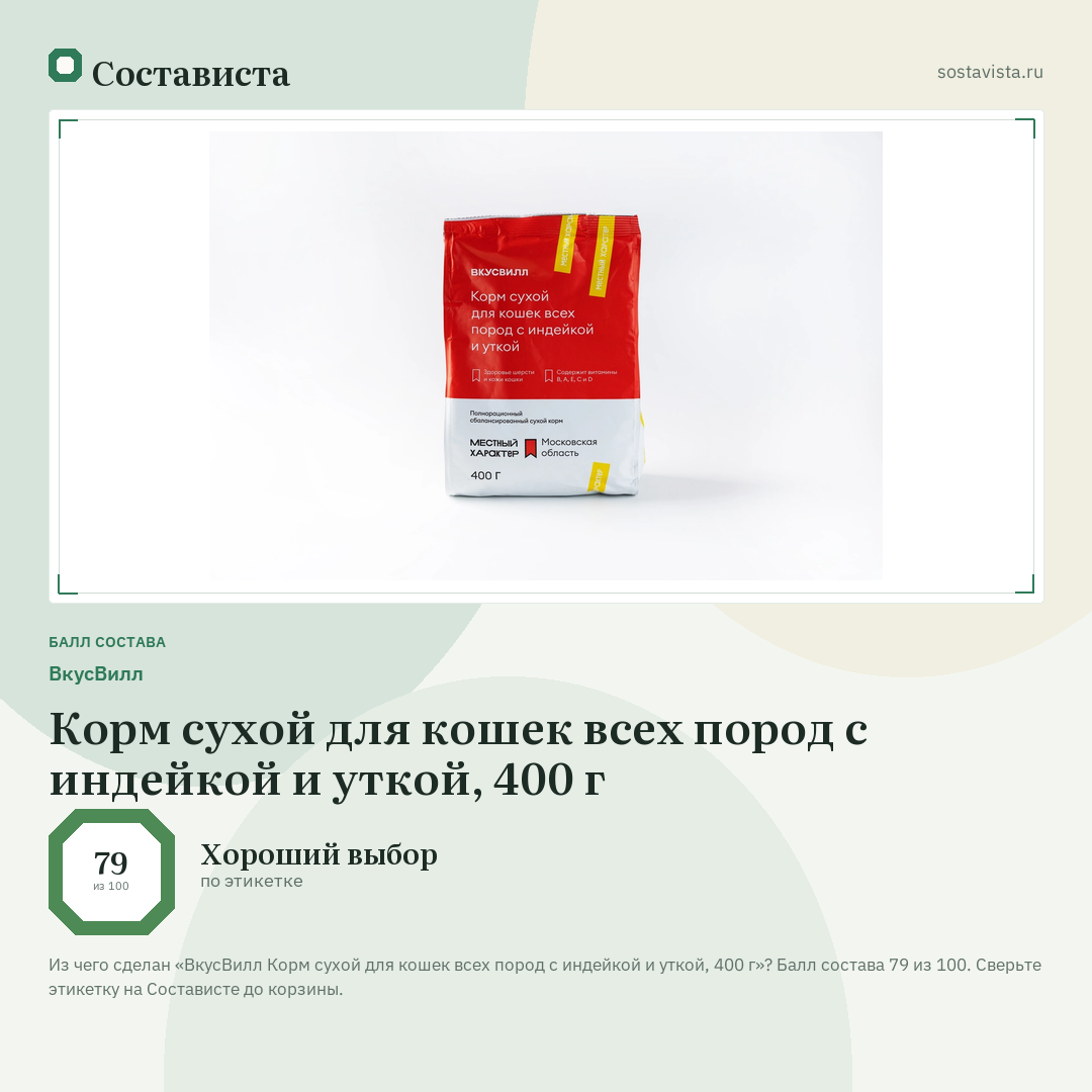 ВкусВилл Корм сухой для кошек всех пород с индейкой и уткой, 400 г: балл состава 79 из 100 — Состависта