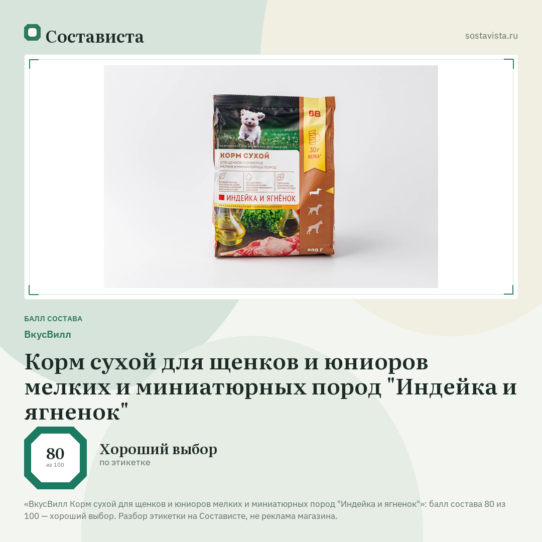 ВкусВилл Корм сухой для щенков и юниоров мелких и миниатюрных пород "Индейка и ягненок": балл состава 80 из 100 — Состависта