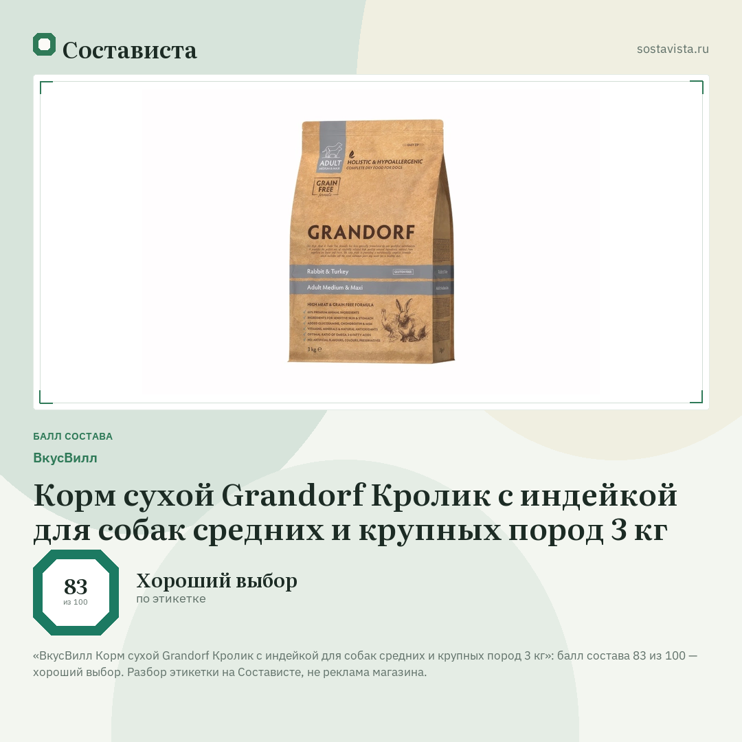 ВкусВилл Корм сухой Grandorf Кролик с индейкой для собак средних и крупных пород 3 кг: балл состава 83 из 100 — Состависта