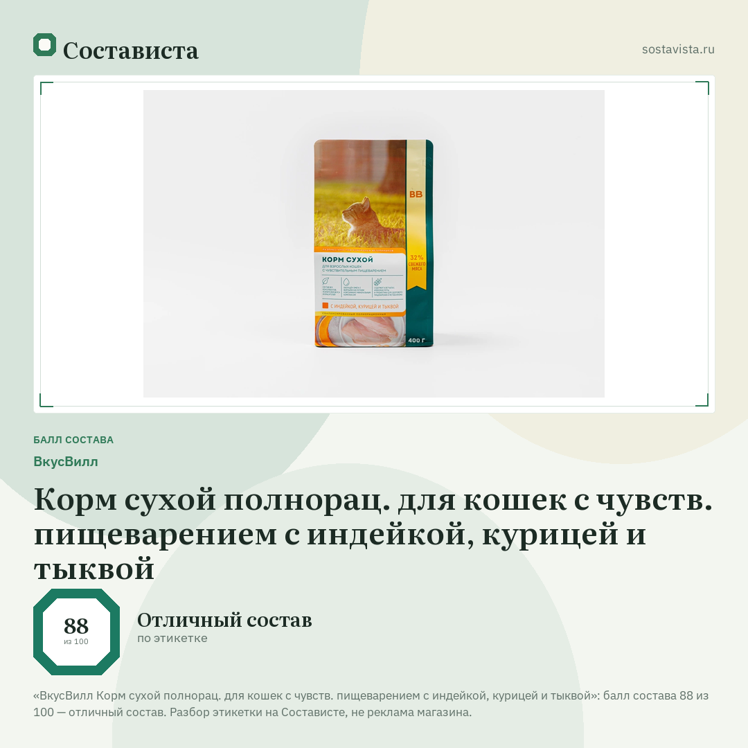 ВкусВилл Корм сухой полнорац. для кошек с чувств. пищеварением с индейкой, курицей и тыквой: балл состава 88 из 100 — Состависта