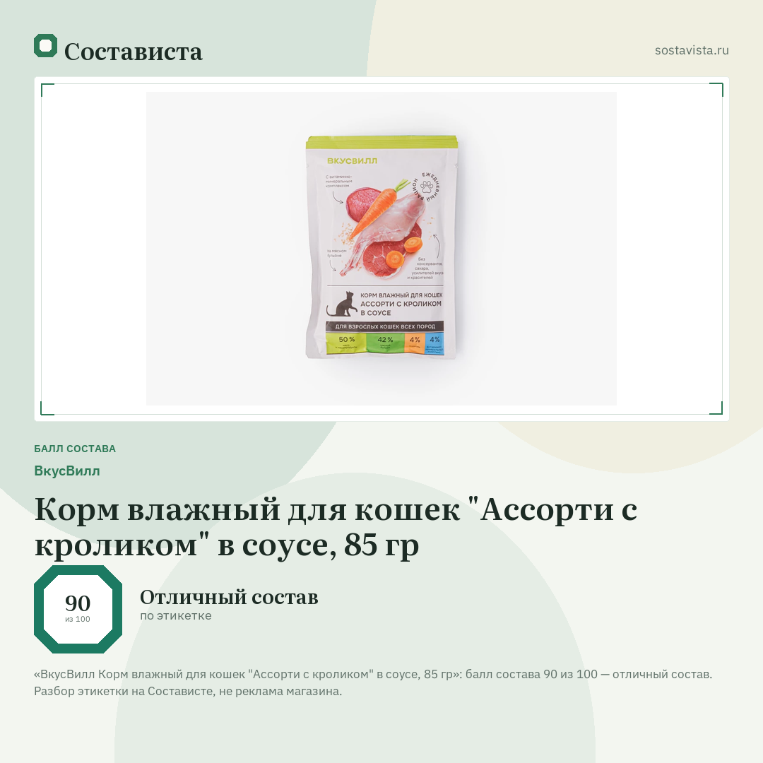 ВкусВилл Корм влажный для кошек "Ассорти с кроликом" в соусе, 85 гр: балл состава 90 из 100 — Состависта