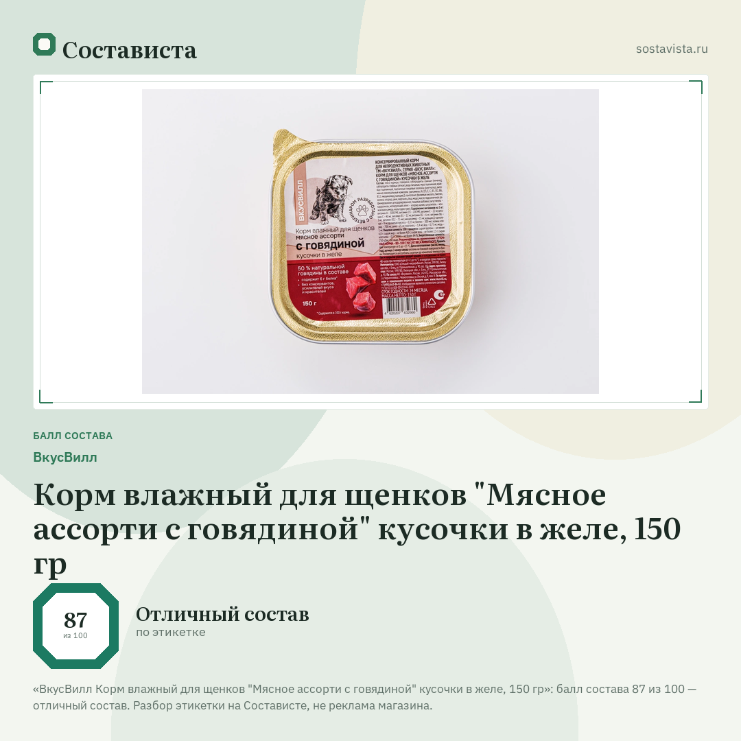 ВкусВилл Корм влажный для щенков "Мясное ассорти с говядиной" кусочки в желе, 150 гр: балл состава 87 из 100 — Состависта