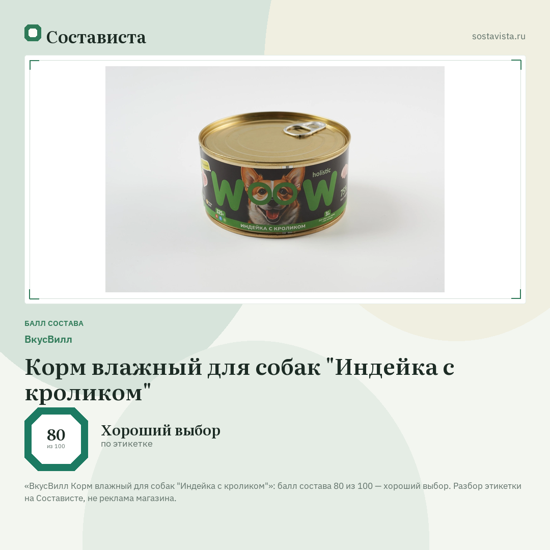 ВкусВилл Корм влажный для собак "Индейка с кроликом": балл состава 80 из 100 — Состависта