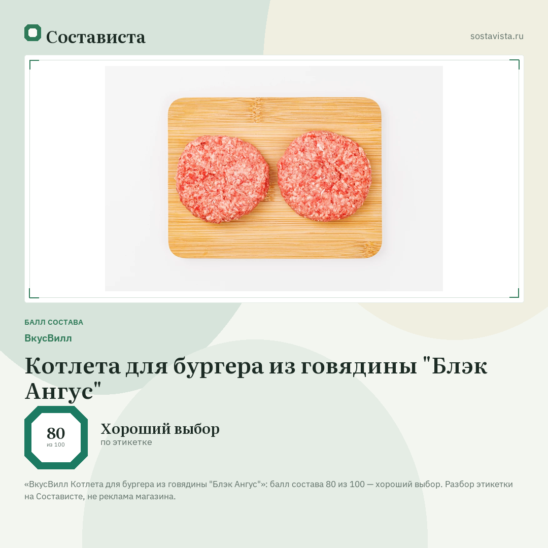 ВкусВилл Котлета для бургера из говядины "Блэк Ангус": балл состава 80 из 100 — Состависта