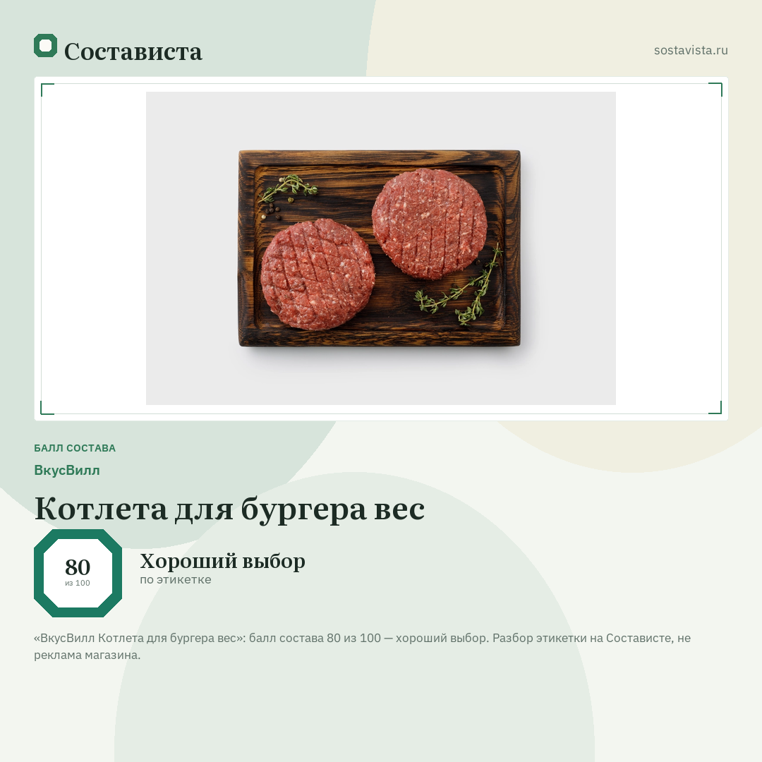ВкусВилл Котлета для бургера вес: балл состава 80 из 100 — Состависта