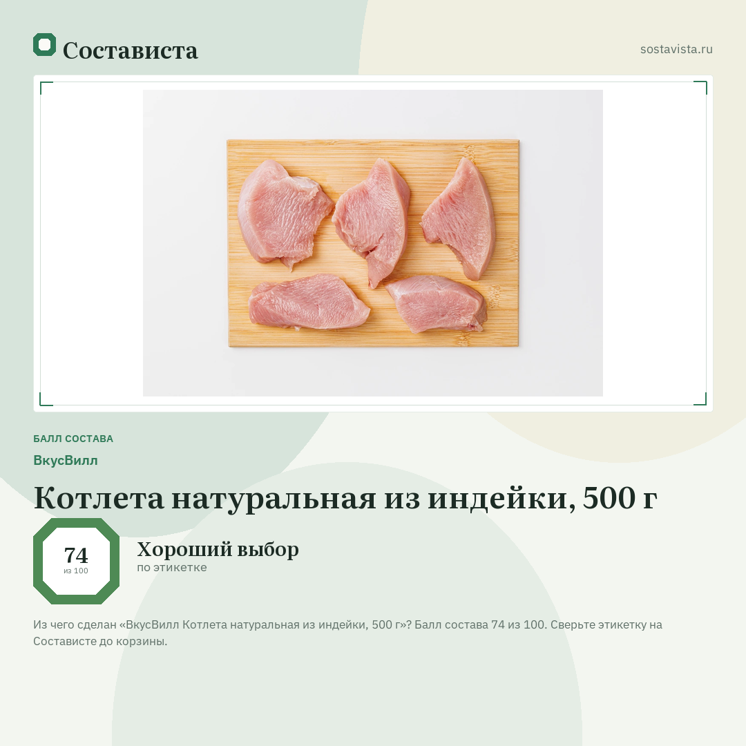 ВкусВилл Котлета натуральная из индейки, 500 г: балл состава 74 из 100 — Состависта