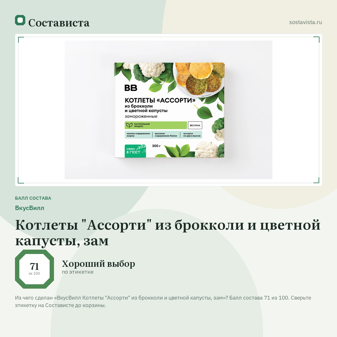 ВкусВилл Котлеты "Ассорти" из брокколи и цветной капусты, зам: балл состава 71 из 100 — Состависта