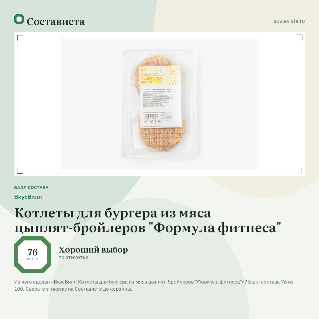 ВкусВилл Котлеты для бургера из мяса цыплят-бройлеров "Формула фитнеса": балл состава 76 из 100 — Состависта