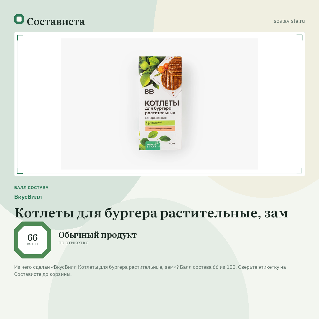 ВкусВилл Котлеты для бургера растительные, зам: балл состава 66 из 100 — Состависта