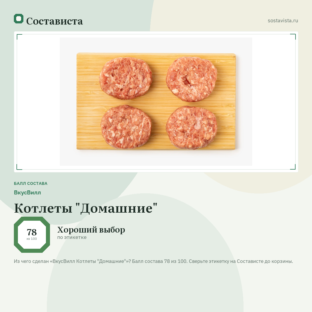 ВкусВилл Котлеты "Домашние": балл состава 78 из 100 — Состависта