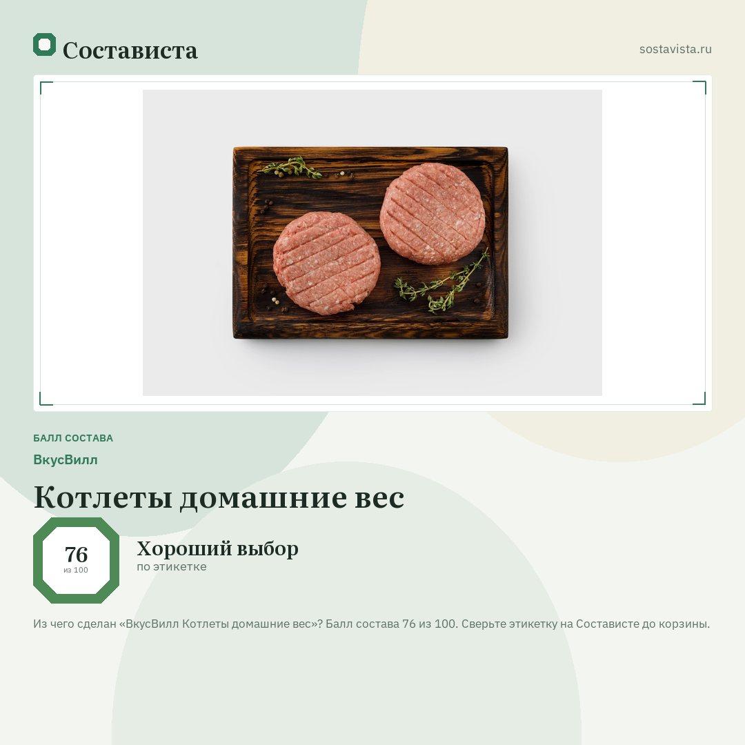 ВкусВилл Котлеты домашние вес: балл состава 76 из 100 — Состависта