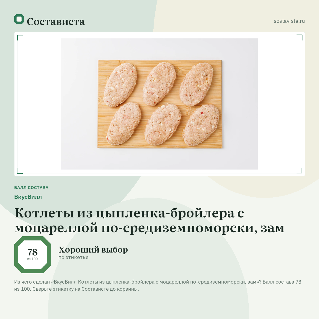 ВкусВилл Котлеты из цыпленка-бройлера с моцареллой по-средиземноморски, зам: балл состава 78 из 100 — Состависта