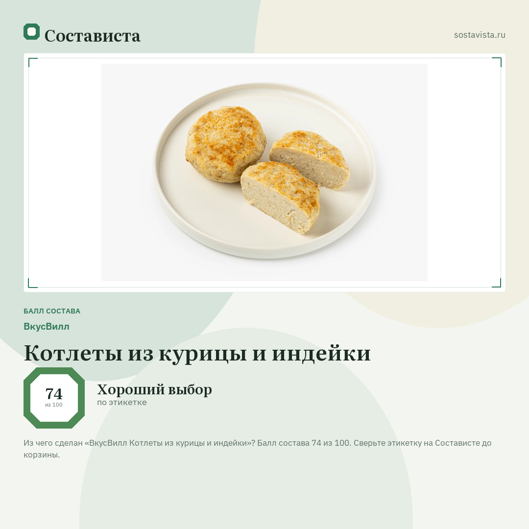 ВкусВилл Котлеты из курицы и индейки: балл состава 74 из 100 — Состависта