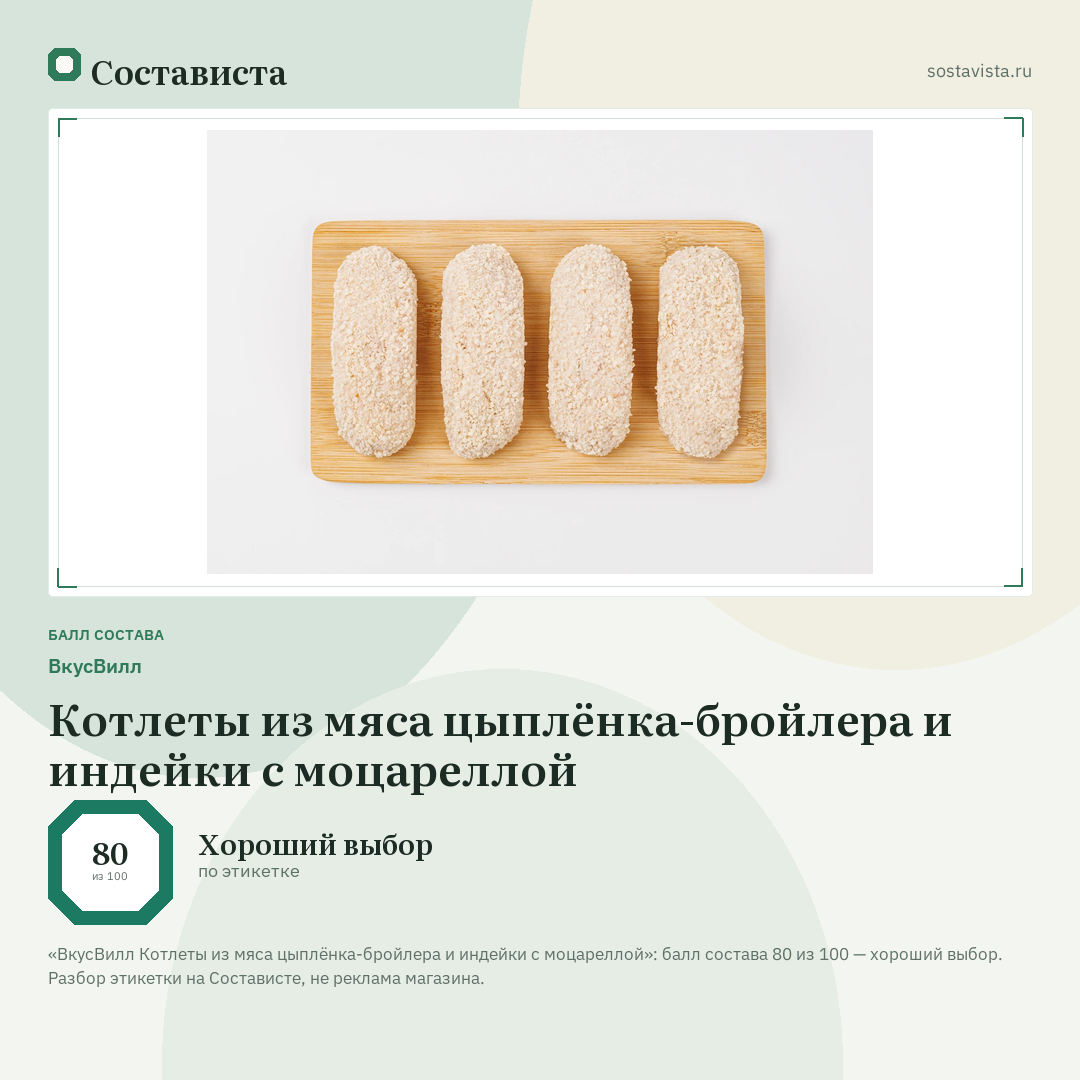 ВкусВилл Котлеты из мяса цыплёнка-бройлера и индейки с моцареллой: балл состава 80 из 100 — Состависта