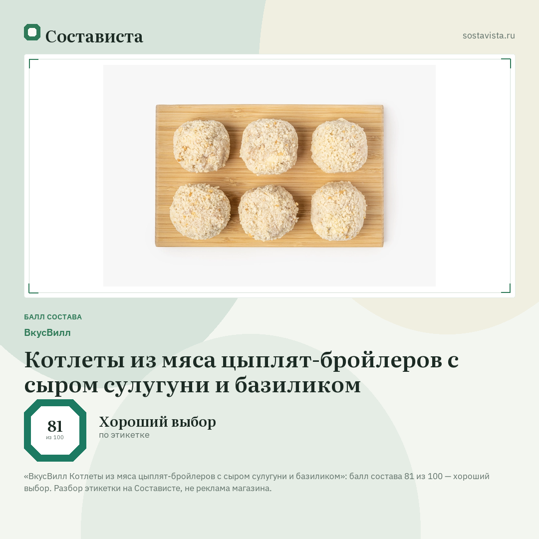 ВкусВилл Котлеты из мяса цыплят-бройлеров с сыром сулугуни и базиликом: балл состава 81 из 100 — Состависта