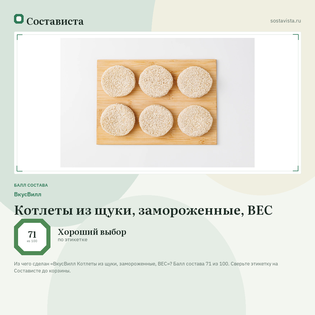 ВкусВилл Котлеты из щуки, замороженные, ВЕС: балл состава 71 из 100 — Состависта