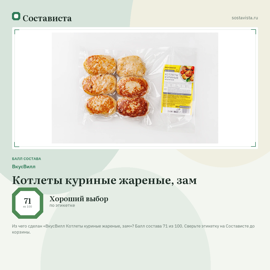 ВкусВилл Котлеты куриные жареные, зам: балл состава 71 из 100 — Состависта