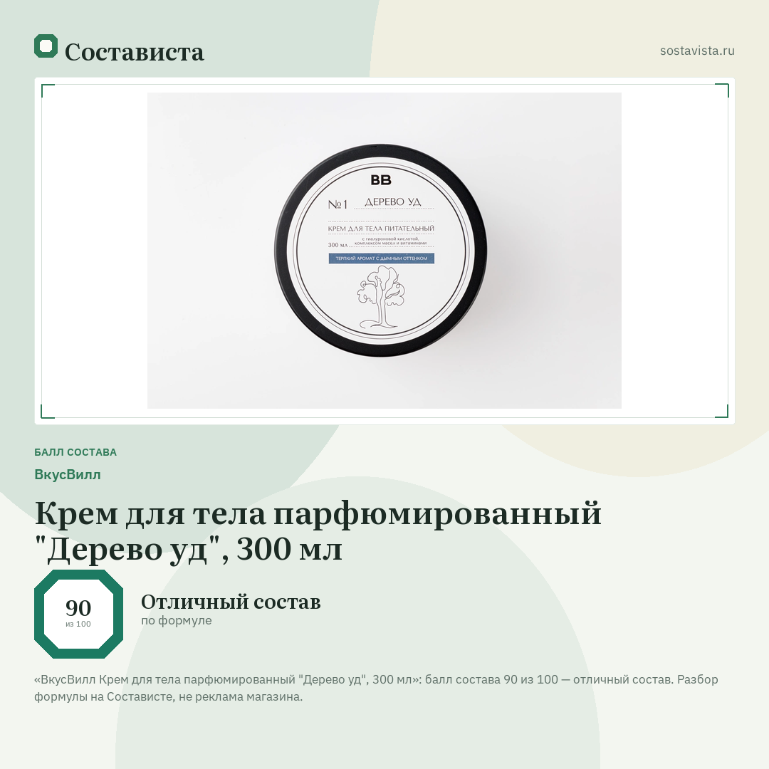 ВкусВилл Крем для тела парфюмированный "Дерево уд", 300 мл: балл состава 90 из 100 — Состависта