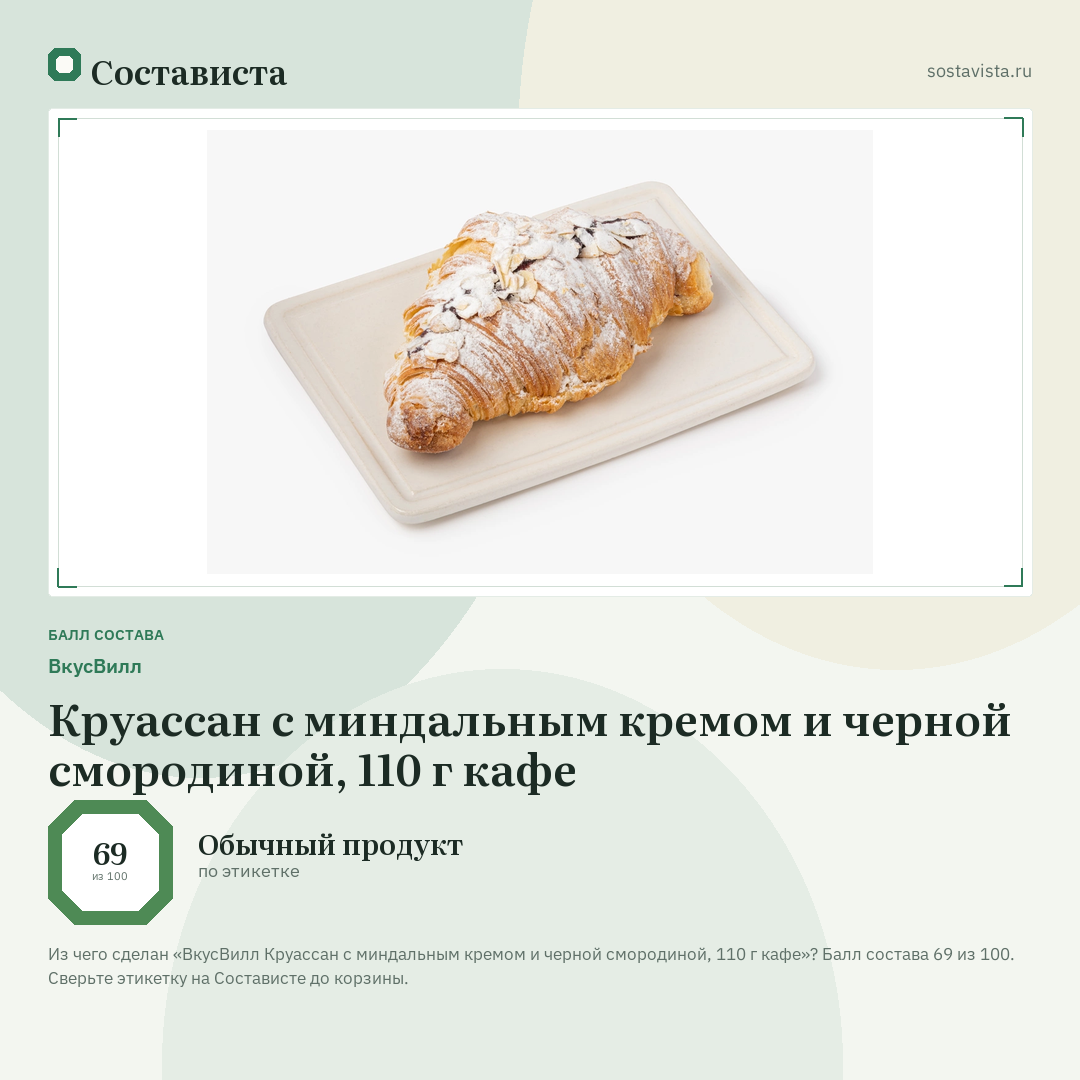 ВкусВилл Круассан с миндальным кремом и черной смородиной, 110 г кафе: балл состава 69 из 100 — Состависта