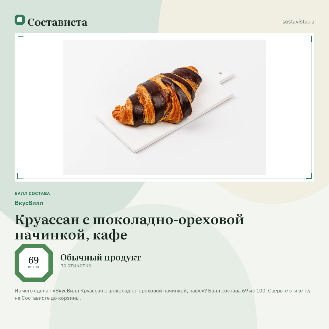 ВкусВилл Круассан с шоколадно-ореховой начинкой, кафе: балл состава 69 из 100 — Состависта